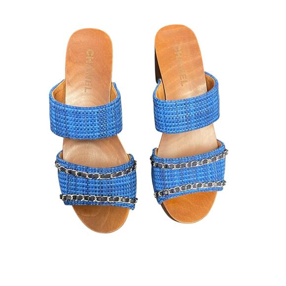 Chanel Chain Platform Slide Sandals Tweed Wood Heel Blue Brown Womens 40 / US 9 - Picture 3 of 14